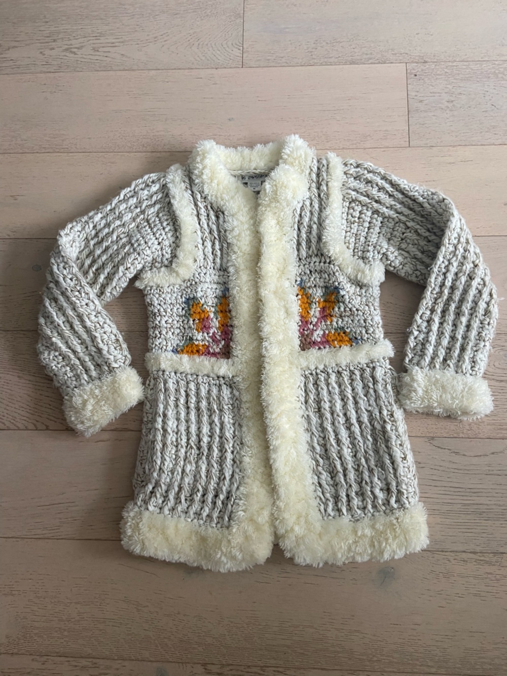 VINTAGE 80s Le Sweater Chunky Knit Cardigan Coat Cream Faux Fur Trim Floral EUC - Picture 2 of 9